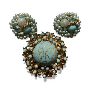 Vintage Light Blue Brooch and Clip on Earrings “Birds Nest” Mini Bundle
